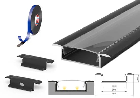 (30.8mm x 9.2mm) 1 Metre Recessed Black LED Profile P14-1 C/W Clips, End Caps & Clear Covers