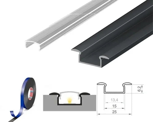 (25mm x 6.2mm) 2 Metre Recessed Anthracite Grey LED Profile P6-1 C/W Clips & Clear Cover