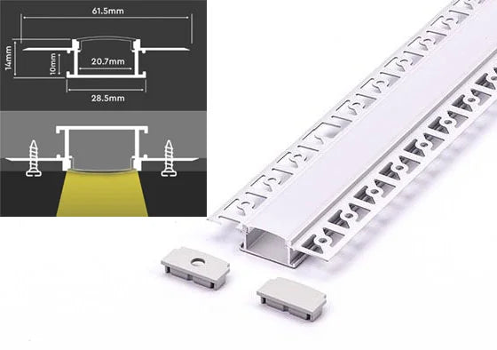 (28.5mm x 14mm) V-Tac 2 Metre Aluminium Plaster In LED Profile With Diffuser And End Caps