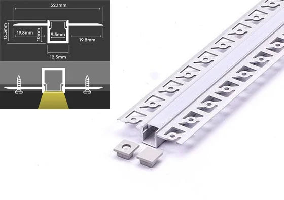 (12.5mm x 13.3mm) V-Tac 2 Metre Aluminium Plaster In LED Profile With Diffuser And End Caps