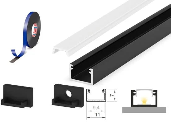 (11mm x 7mm) 1 Metre Surface Black Aluminium LED Profile P4-2 C/W Clips, End Caps & Opal Cover