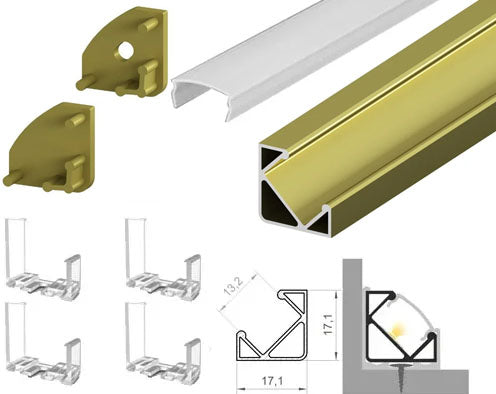 (17.1mmx17.1mm) 2 Metre Corner Mounted Gold/Brass LED Profile P3-1 C/W Clips, End Caps & Opal Cover