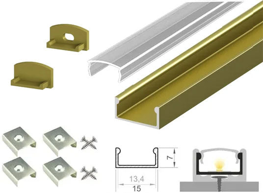 (15mm x 7mm) 2 Metre Surface/Recessed Mounted Gold/Brass LED Profile P4-1 C/W Clips, End Caps & Clear Cover