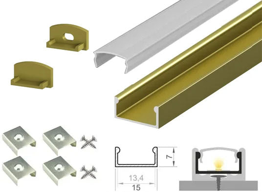 (15mm x 7mm) 2 Metre Surface/Recessed Mounted Gold/Brass LED Profile P4-1 C/W Clips, End Caps & Opal Cover