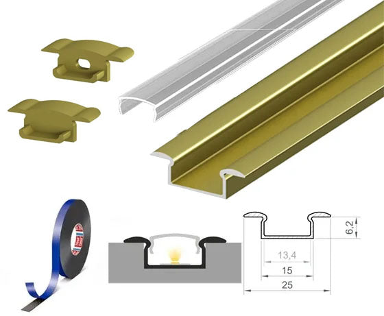 (25mm x 6.2mm) 2 Metre Recessed Gold/Brass LED Profile P6-1 C/W Clips, End Caps & Clear Cover