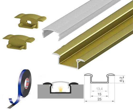 (25mm x 6.2mm) 2 Metre Recessed Gold/Brass LED Profile P6-1 C/W Clips, End Caps & Opal Cover