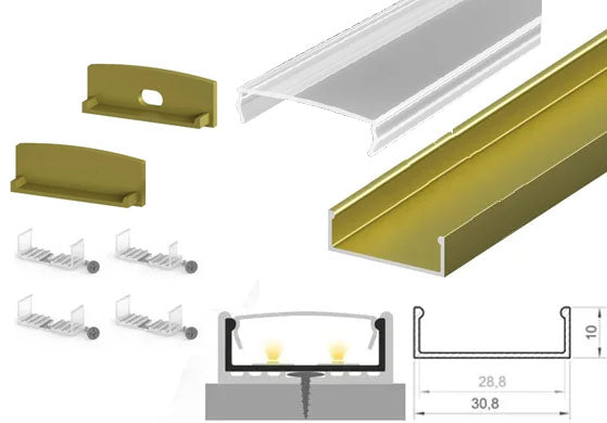 (30.8mm x 10mm) 2 Metre Surface Mounted Gold/Brass LED Profile P13-1 C/W Clips, End Caps & Clear Cover