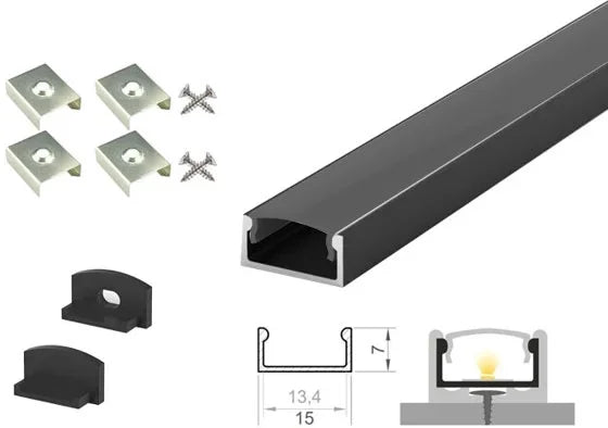(15mm x 7mm) 2 Metre Surface Black LED Profile P4-1 C/W Clips, End Caps & Black Cover