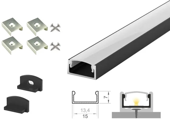 (15mm x 7mm) 2 Metre Surface Black LED Profile P4-1 C/W Clips, End Caps & Opal Cover