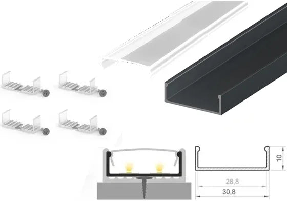 (30.8mm x 10mm) 2 Metre Surface Mounted Anthracite Grey LED Profile P13-1 C/W Clips & Clear Cover