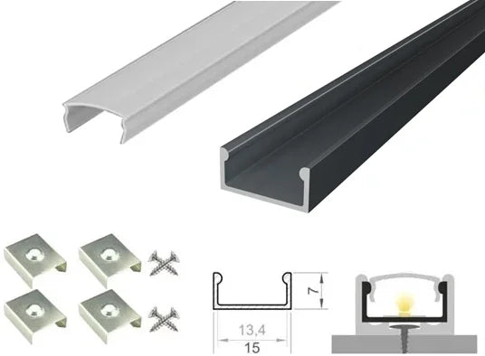 (15mm x 7mm) 2 Metre Surface/Recessed Mounted Anthracite Grey LED Profile P4-1 C/W Clips & Opal Cover