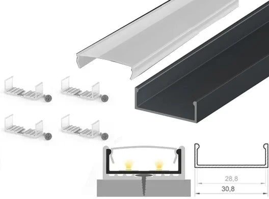 (30.8mm x 10mm) 2 Metre Surface Mounted Anthracite Grey LED Profile P13-1 C/W Clips & Opal Cover