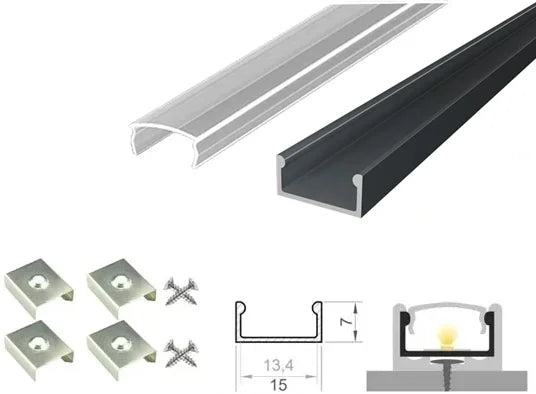 (15mm x 7mm) 2 Metre Surface/Recessed Mounted Anthracite Grey LED Profile P4-1 C/W Clips & Clear Cover