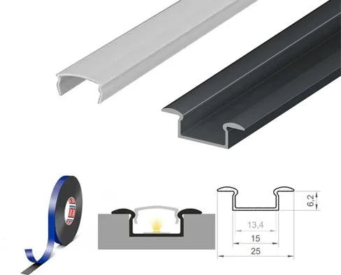 (25mm x 6.2mm) 2 Metre Recessed Anthracite Grey LED Profile P6-1 C/W Clips & Opal Cover