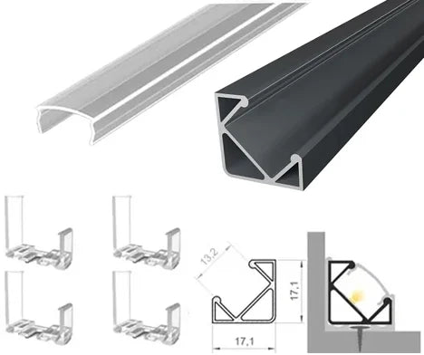 (17.1mmx17.1mm) 2 Metre Corner Mounted Anthracite Grey LED Profile P3-1 C/W Clips & Clear Cover