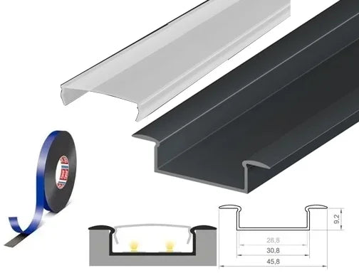 (45.8mm x 9.2mm) 2 Metre Recessed Anthracite Grey LED Profile P14-1 C/W Clips & Opal Cover