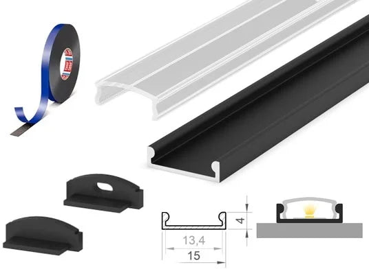 (15mm x 4mm) Bendable 1 Metre Surface Black Low-Profile LED Profile P4-3 C/W Clips, End Caps & Clear Cover