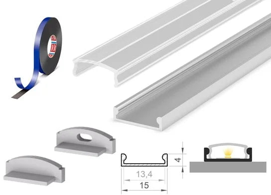 (15mm x 4mm) Bendable 1 Metre Surface Silver Aluminium Low-Profile LED Profile P4-3 C/W Clips, End Caps & Clear Cover