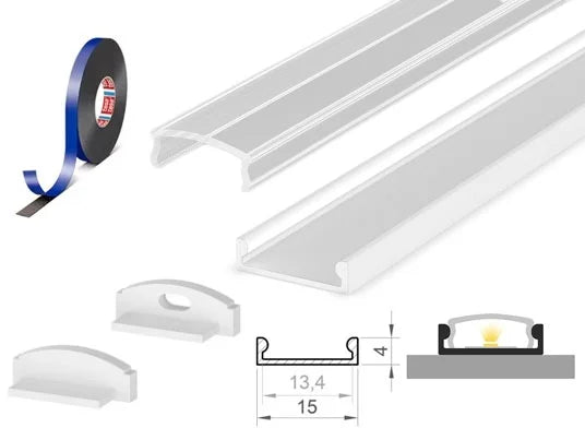 (15mm x 4mm) Bendable 1 Metre Surface White Low-Profile LED Profile P4-3 C/W Clips, End Caps & Clear Cover