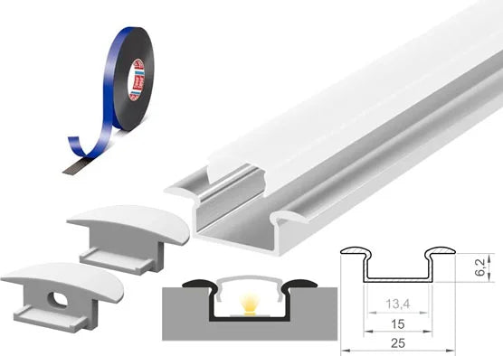 (15mm x 6.2mm) 1 Metre Recessed Aluminium LED Profile P6-1 C/W Clips, End Caps & Opal Cover