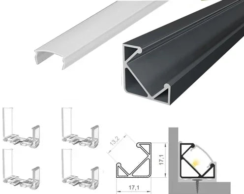 (17.1mmx17.1mm) 2 Metre Corner Mounted Anthracite Grey LED Profile P3-1 C/W Clips & Opal Cover