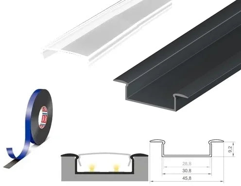 (45.8mm x 9.2mm) 2 Metre Recessed Anthracite Grey LED Profile P14-1 C/W Clips & Clear Cover